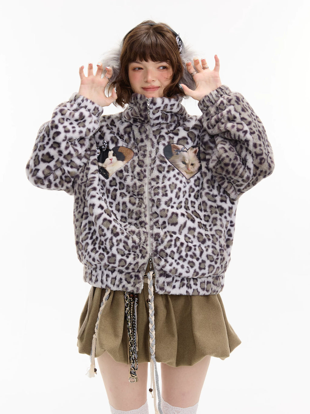 Cat Patch Leopard Fleece Jacket OL2455 oliviroa オリヴィオラ