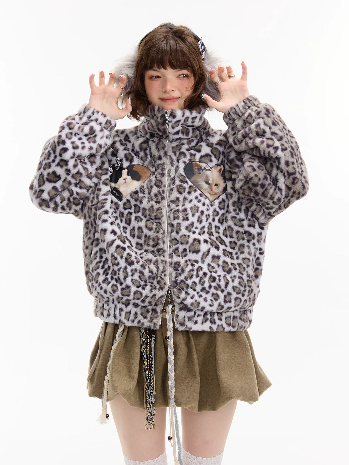 Cat Patch Leopard Fleece Jacket OL2455 oliviroa オリヴィオラ