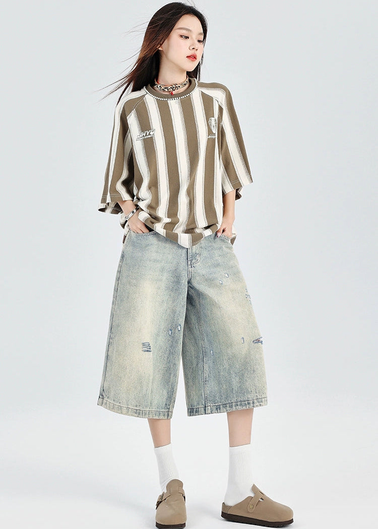 ダメージ加工 デニムショートパンツ レディース ワイド 夏用