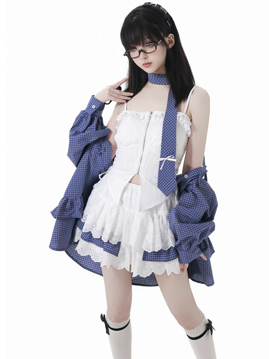 Plaid Shirt Lace Cami and Tiered Skirt Separates OL2477 oliviroa オリヴィオラ