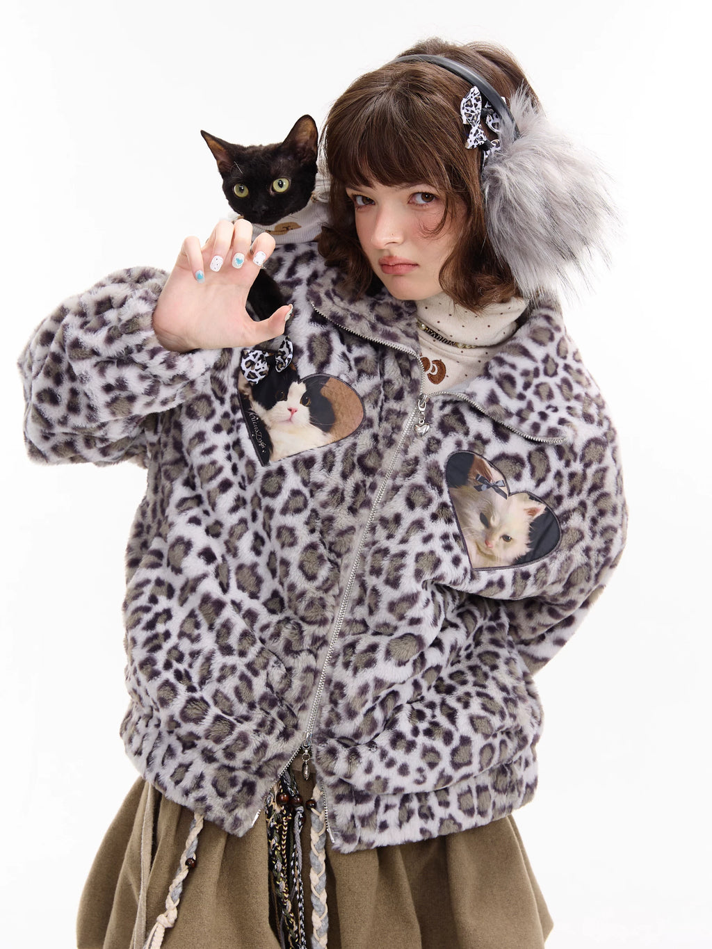Cat Patch Leopard Fleece Jacket OL2455 oliviroa オリヴィオラ
