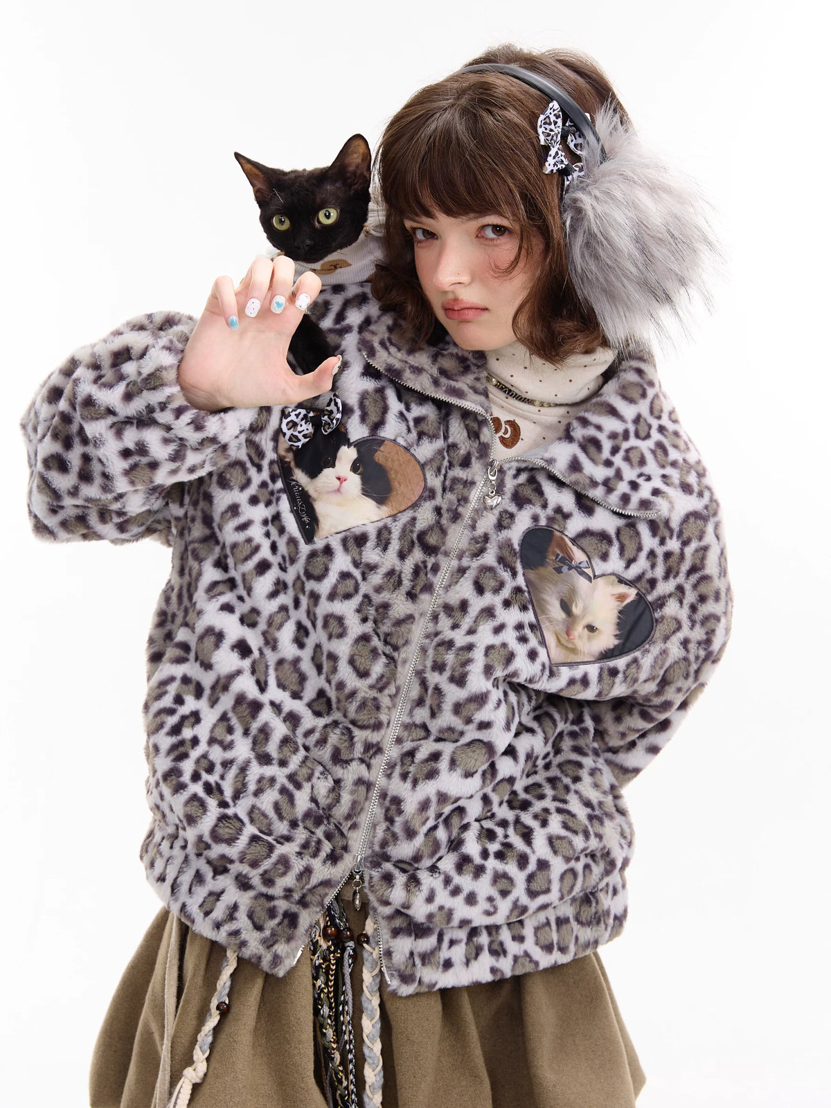 Cat Patch Leopard Fleece Jacket OL2455 oliviroa オリヴィオラ