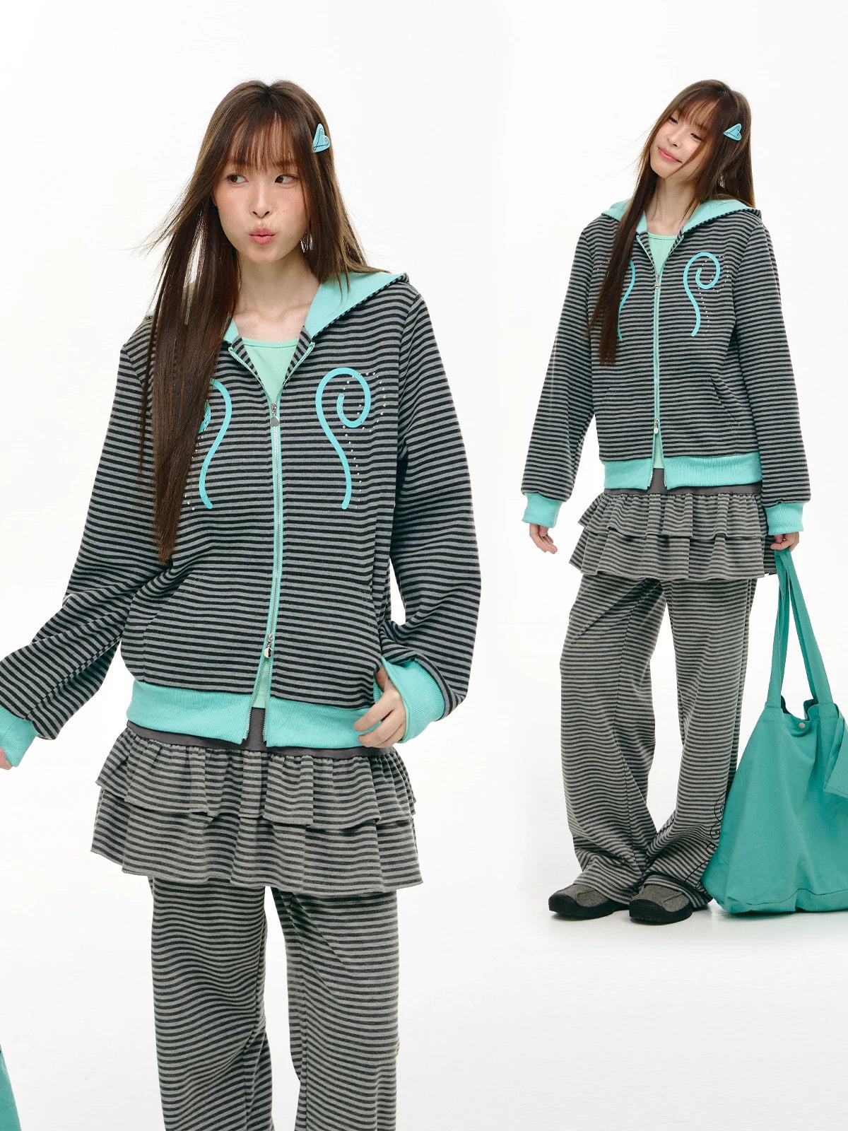 Contrast Stripe Double Zip Hoodie OL2465 oliviroa オリヴィオラ