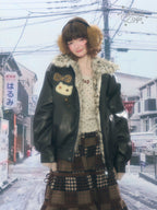Cat Patch Fur Collar Faux Leather Jacket OL2456 oliviroa オリヴィオラ