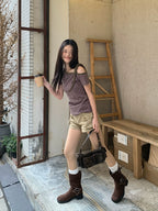 韓国風 オフショルダー タイトTシャツ 紫ボーダー  OL1820