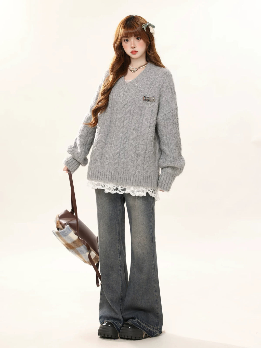 Cable V Neck Sweater and Lace Cami Dress OL2470 oliviroa オリヴィオラ