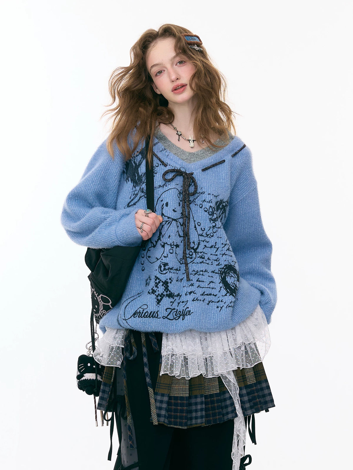 Rabbit Graphic V Neck Sweater OL2454 oliviroa オリヴィオラ
