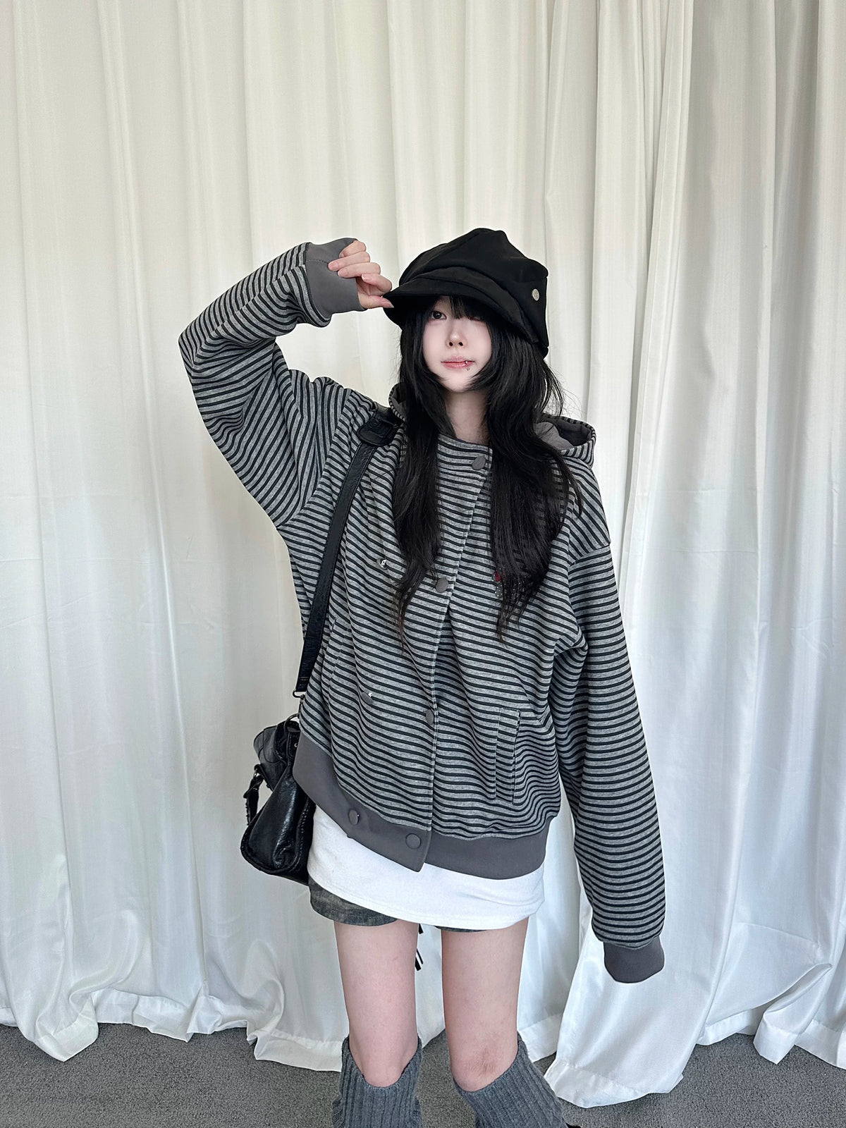 Double Breasted Stripe Hooded Cardigan OL2449 oliviroa オリヴィオラ