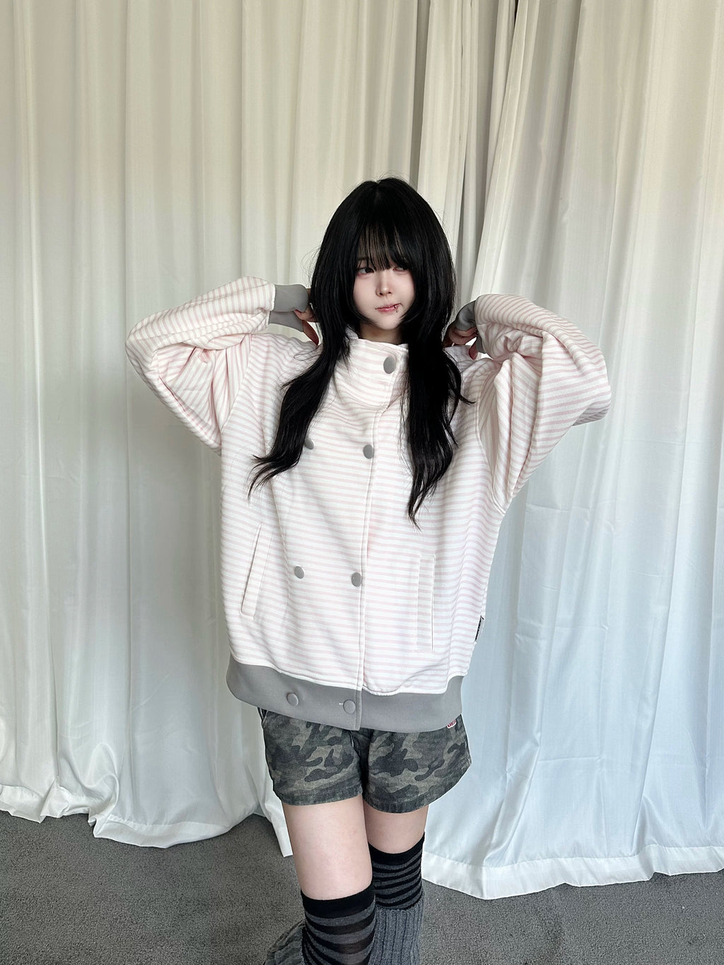 Double Breasted Stripe Hooded Cardigan OL2449 oliviroa オリヴィオラ