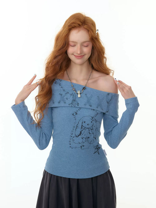 オフショルダー うさぎプリント 長袖Tシャツ  OL1810