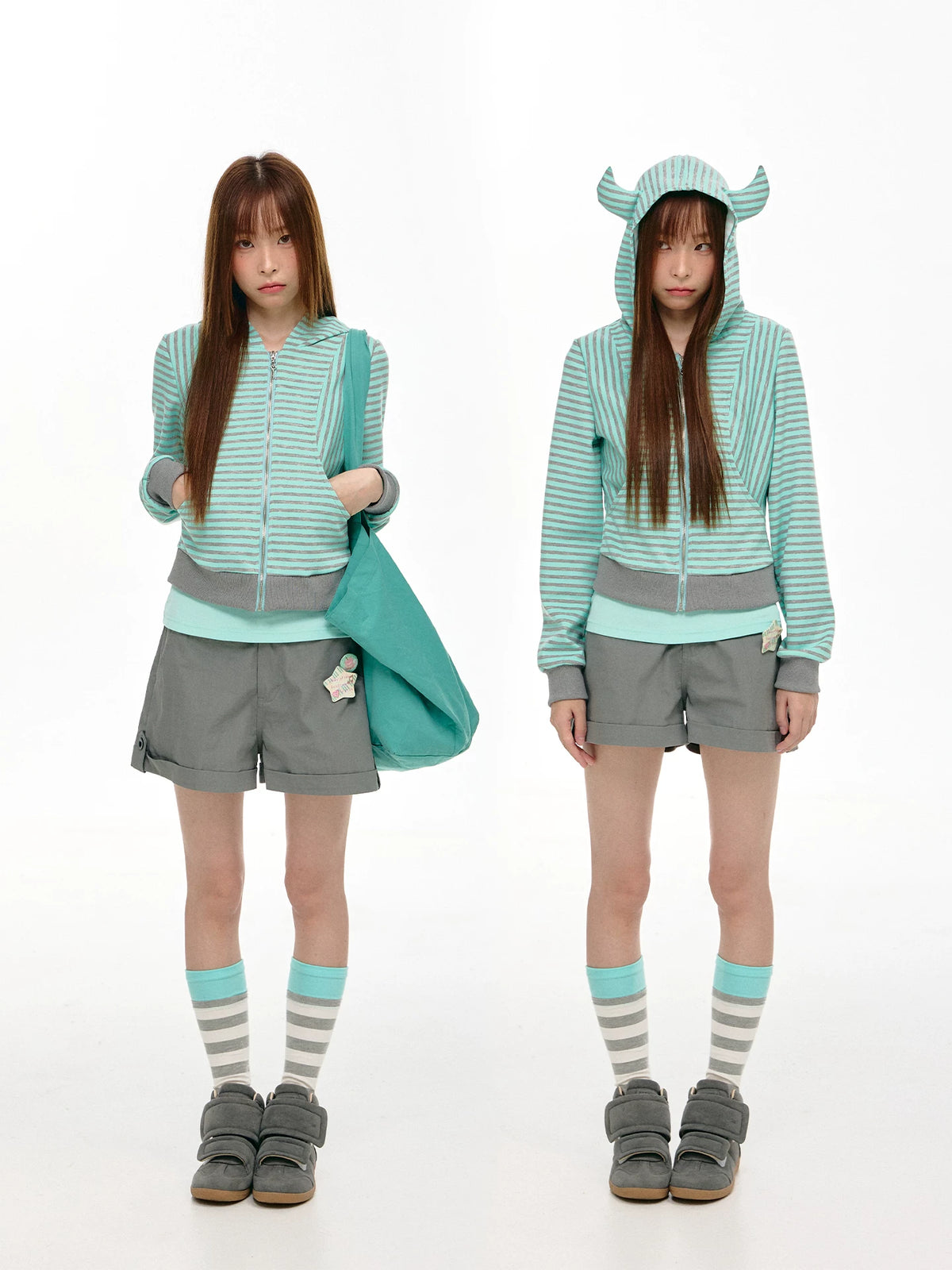 Horn Hood Striped Zip Hoodie OL2467 oliviroa オリヴィオラ
