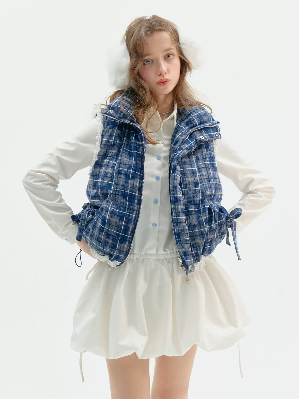 Plaid Drawstring Puffer Vest OL2452 oliviroa オリヴィオラ