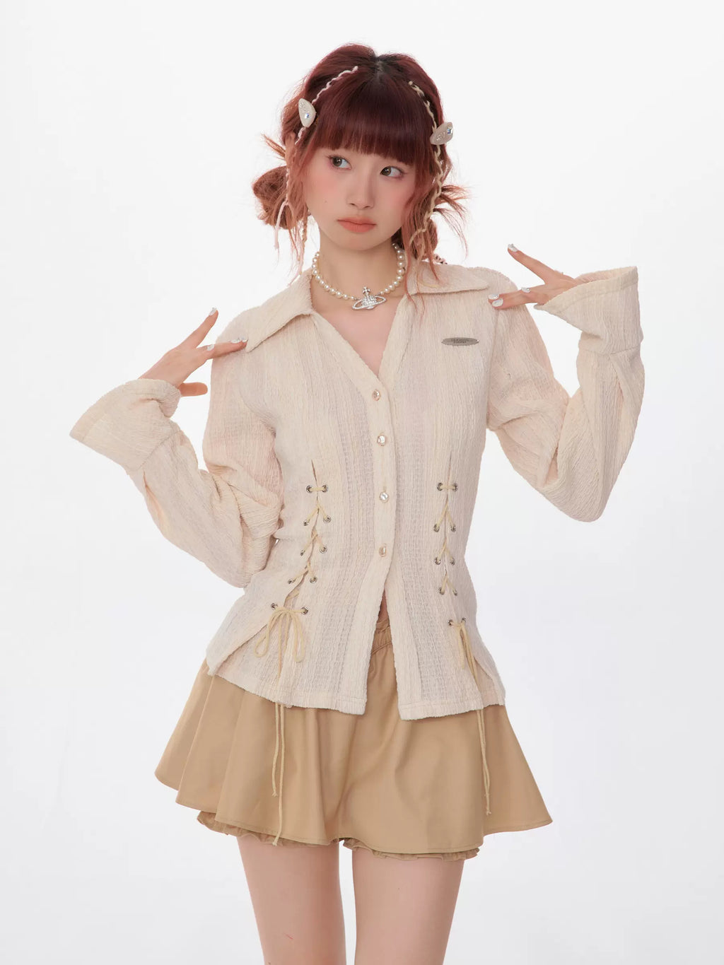 レトロ レースアップ 長袖シャツ スリムフィット レディース