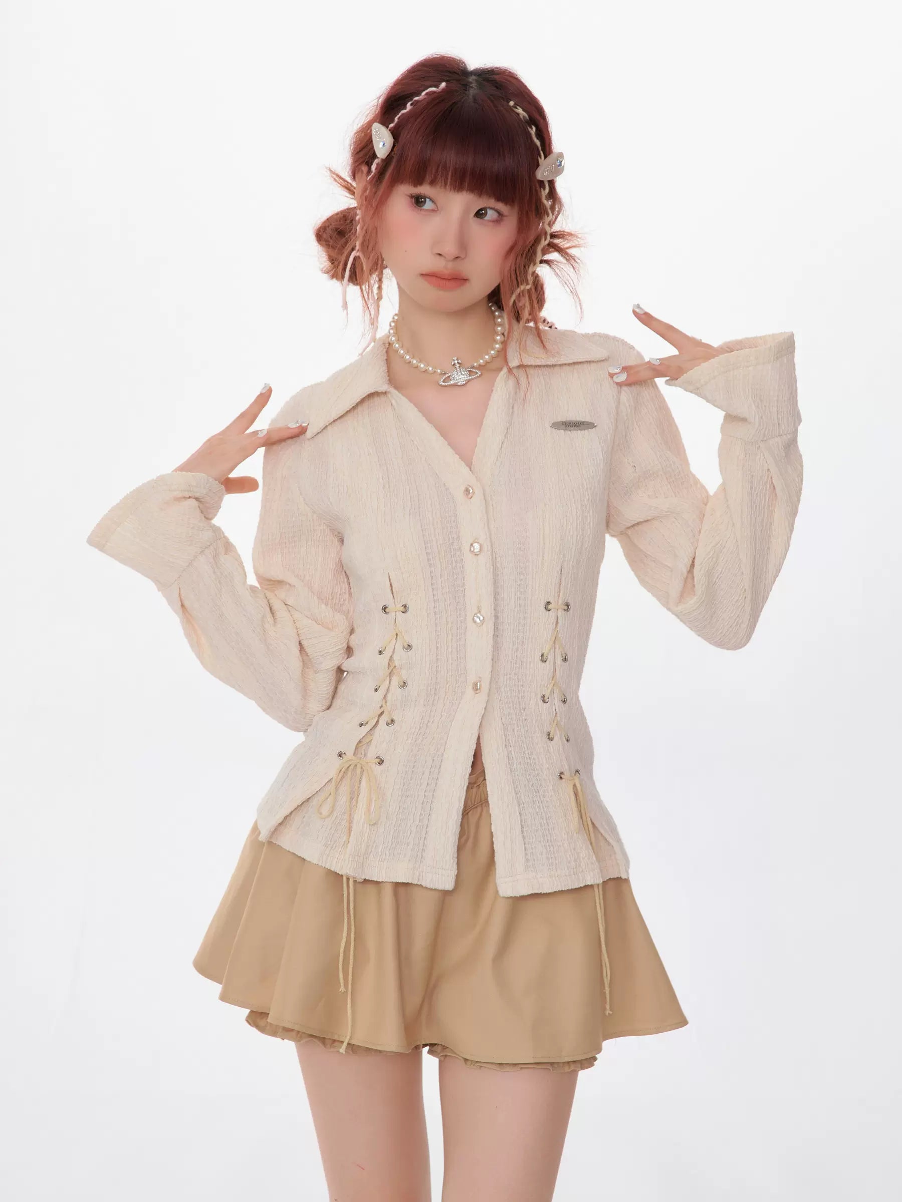 レトロ レースアップ 長袖シャツ スリムフィット レディース