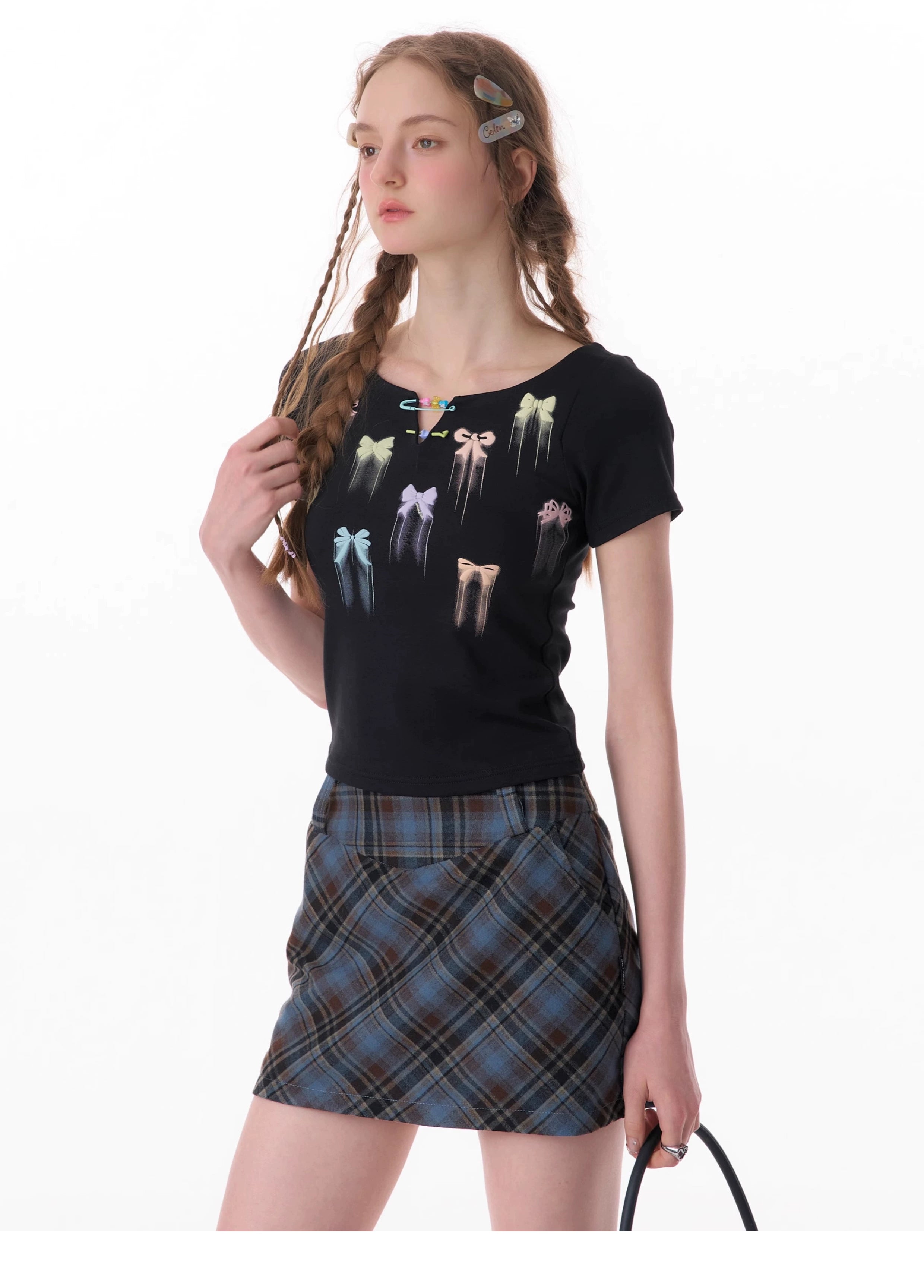 リボンプリント スリムフィット 半袖Tシャツ レディース