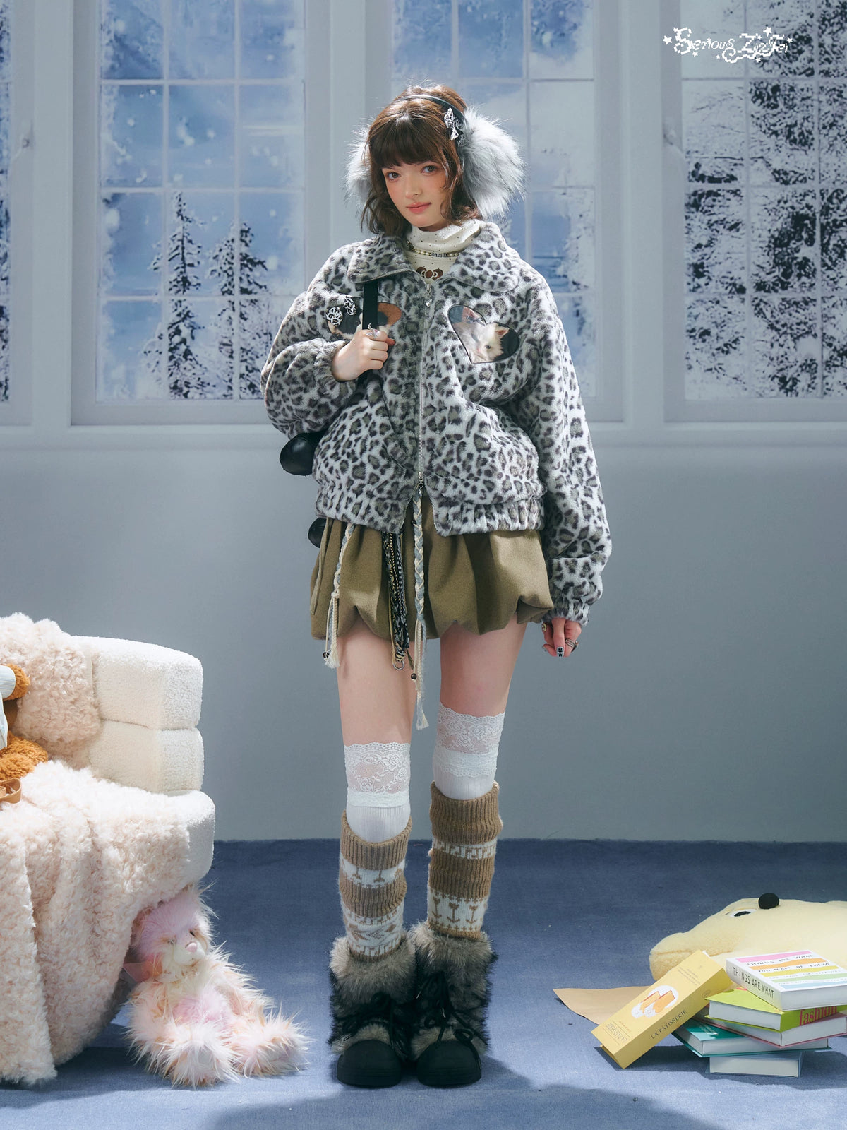 Cat Patch Leopard Fleece Jacket OL2455 oliviroa オリヴィオラ