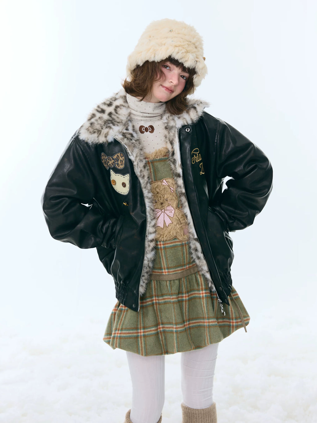 Cat Patch Fur Collar Faux Leather Jacket OL2456 oliviroa オリヴィオラ