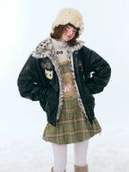 Cat Patch Fur Collar Faux Leather Jacket OL2456 oliviroa オリヴィオラ