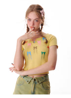 リボンプリント スリムフィット 半袖Tシャツ レディース