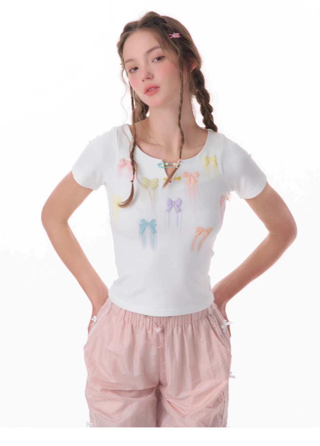 リボンプリント スリムフィット 半袖Tシャツ レディース