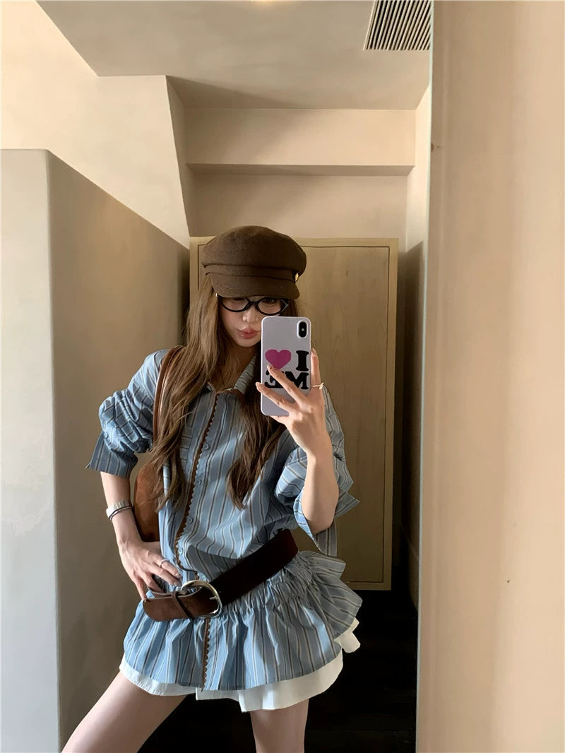 レトロカジュアル ブルーストライプシャツ  OL1822