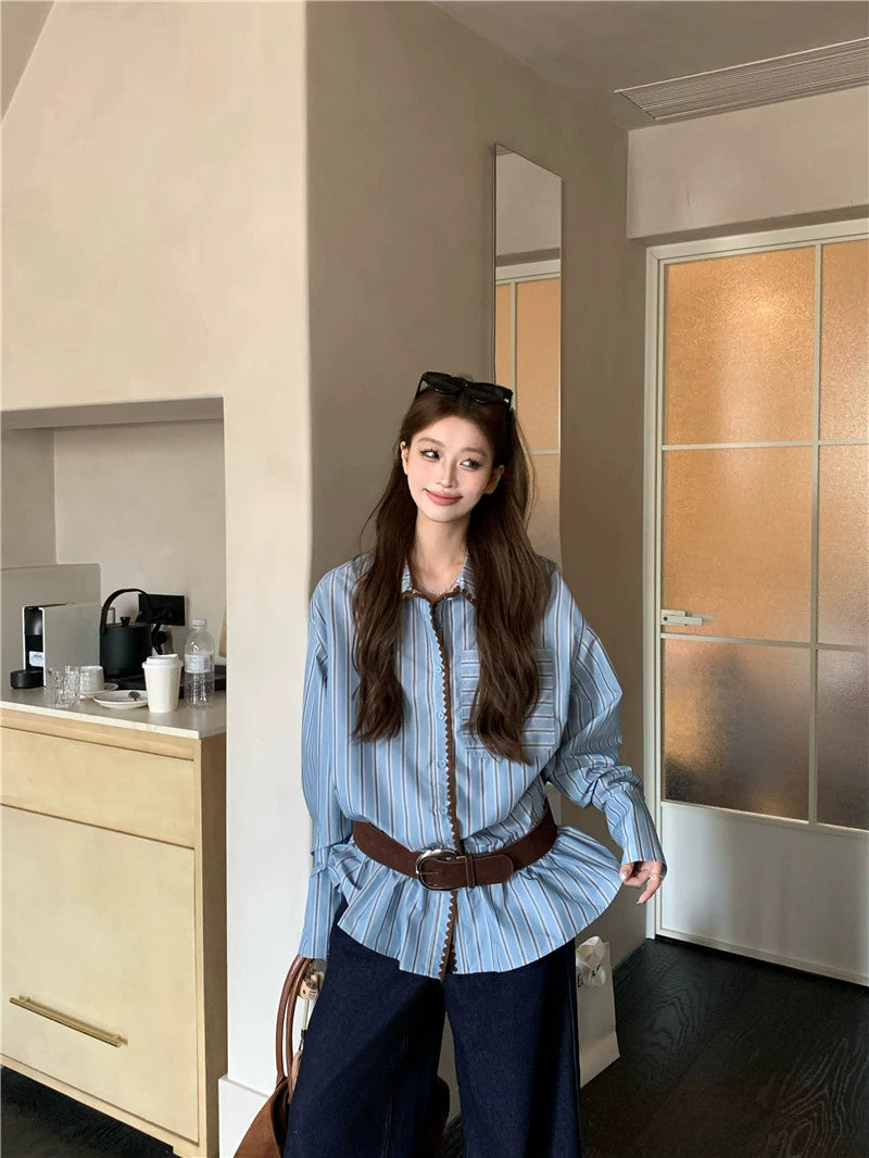 Retro Casual Blue Striped Shirt OL1822