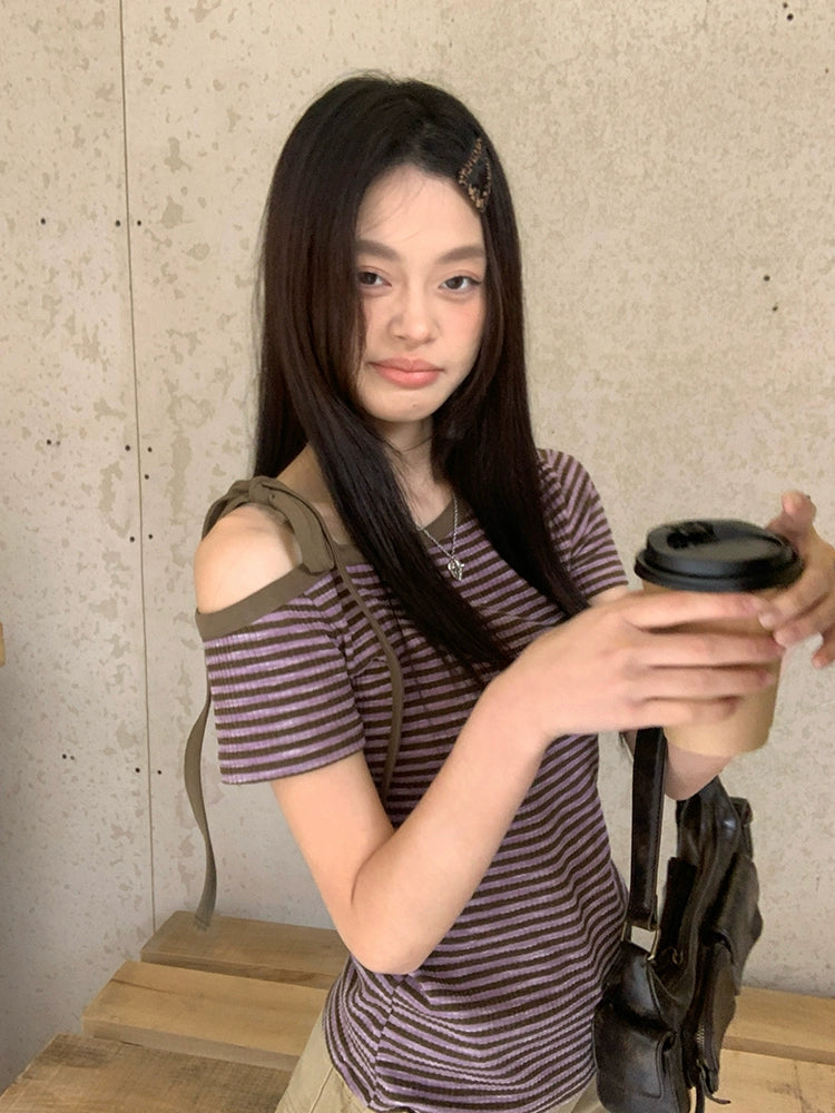 韓国風 オフショルダー タイトTシャツ 紫ボーダー  OL1820