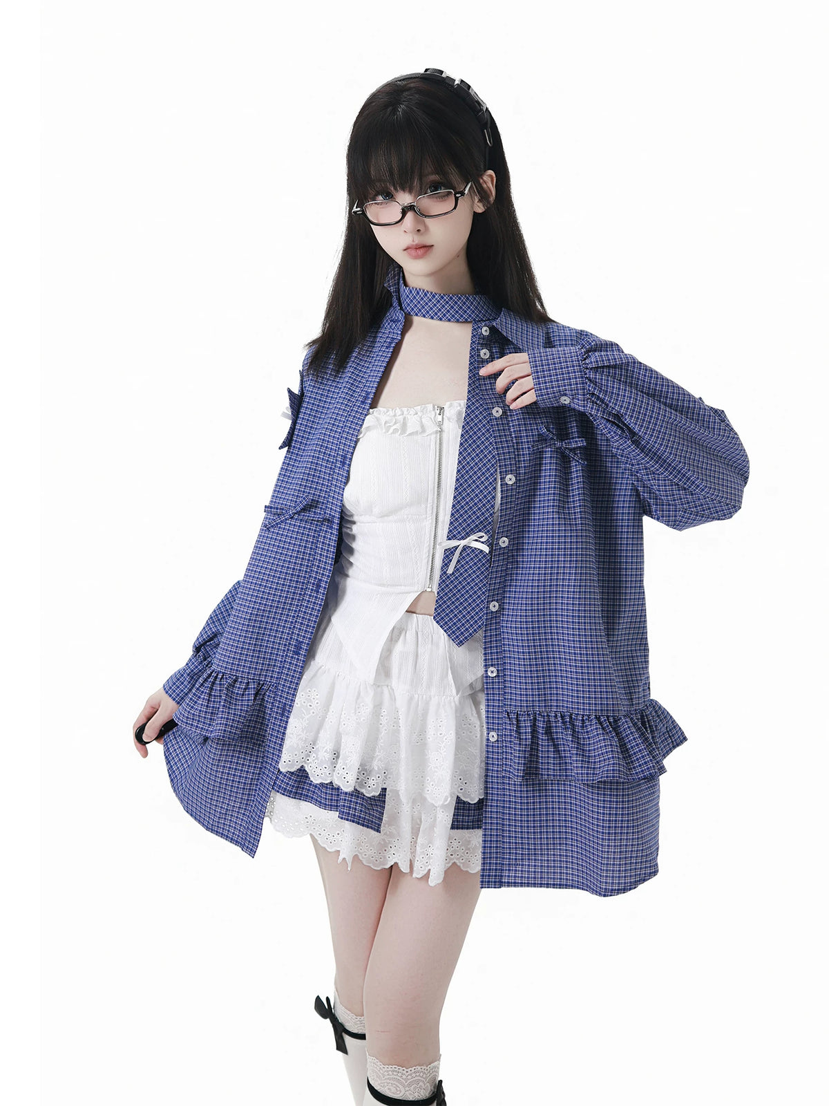 Plaid Shirt Lace Cami and Tiered Skirt Separates OL2477 oliviroa オリヴィオラ