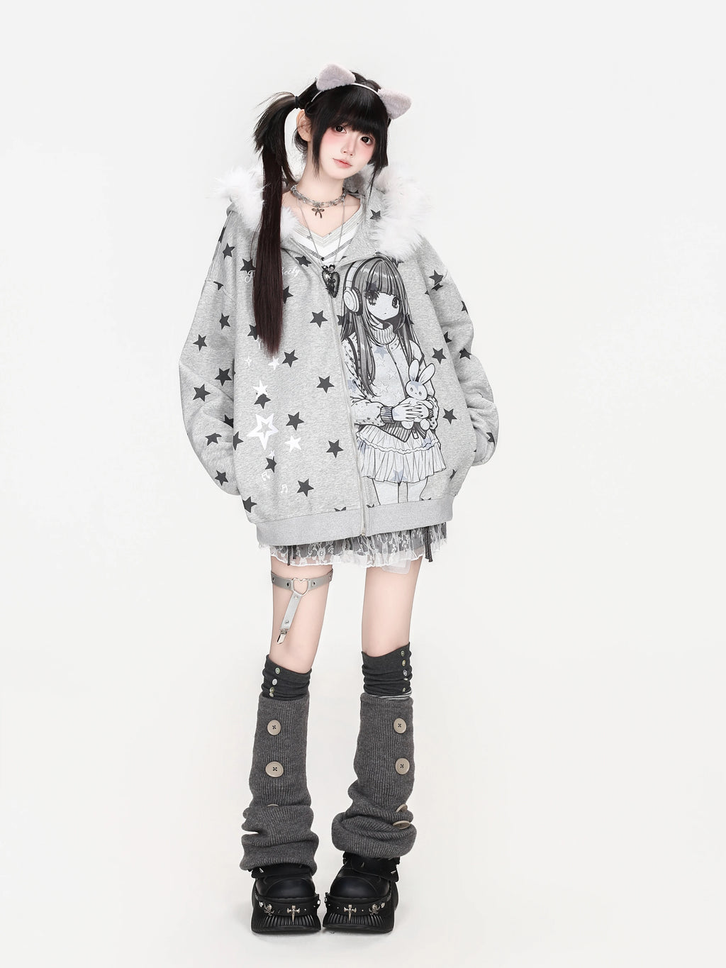 Anime Girl Star Fur Trim Zip Hoodie OL2474 oliviroa オリヴィオラ