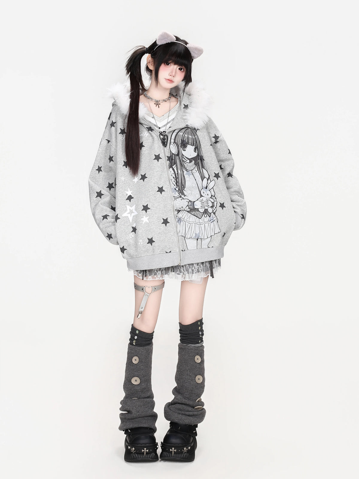 Anime Girl Star Fur Trim Zip Hoodie OL2474 oliviroa オリヴィオラ