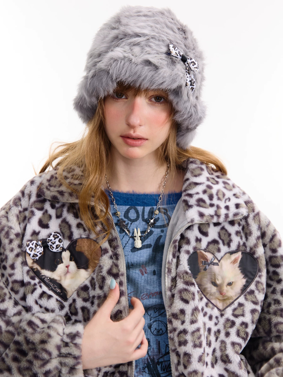 Cat Patch Leopard Fleece Jacket OL2455 oliviroa オリヴィオラ