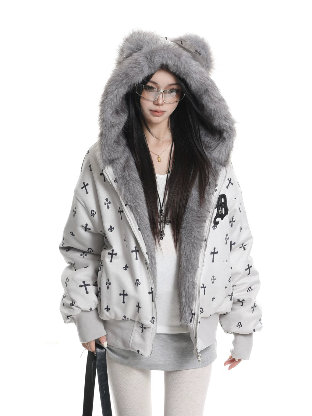 Bear Ear Cross Print Puffer Jacket OL2448 oliviroa オリヴィオラ