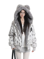 Bear Ear Cross Print Puffer Jacket OL2448 oliviroa オリヴィオラ