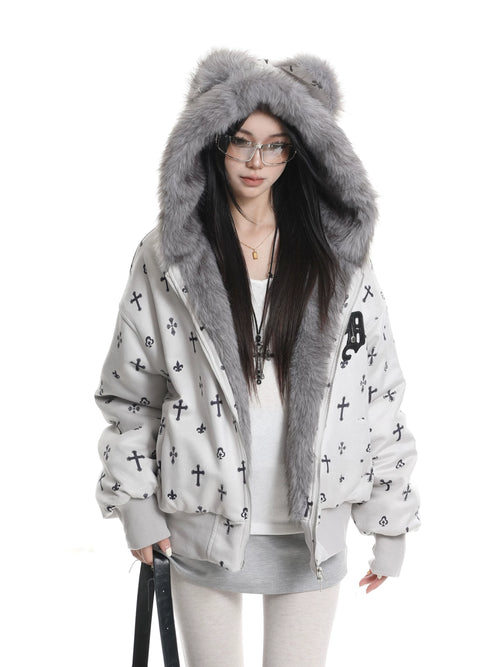 Bear Ear Cross Print Puffer Jacket OL2448 oliviroa オリヴィオラ