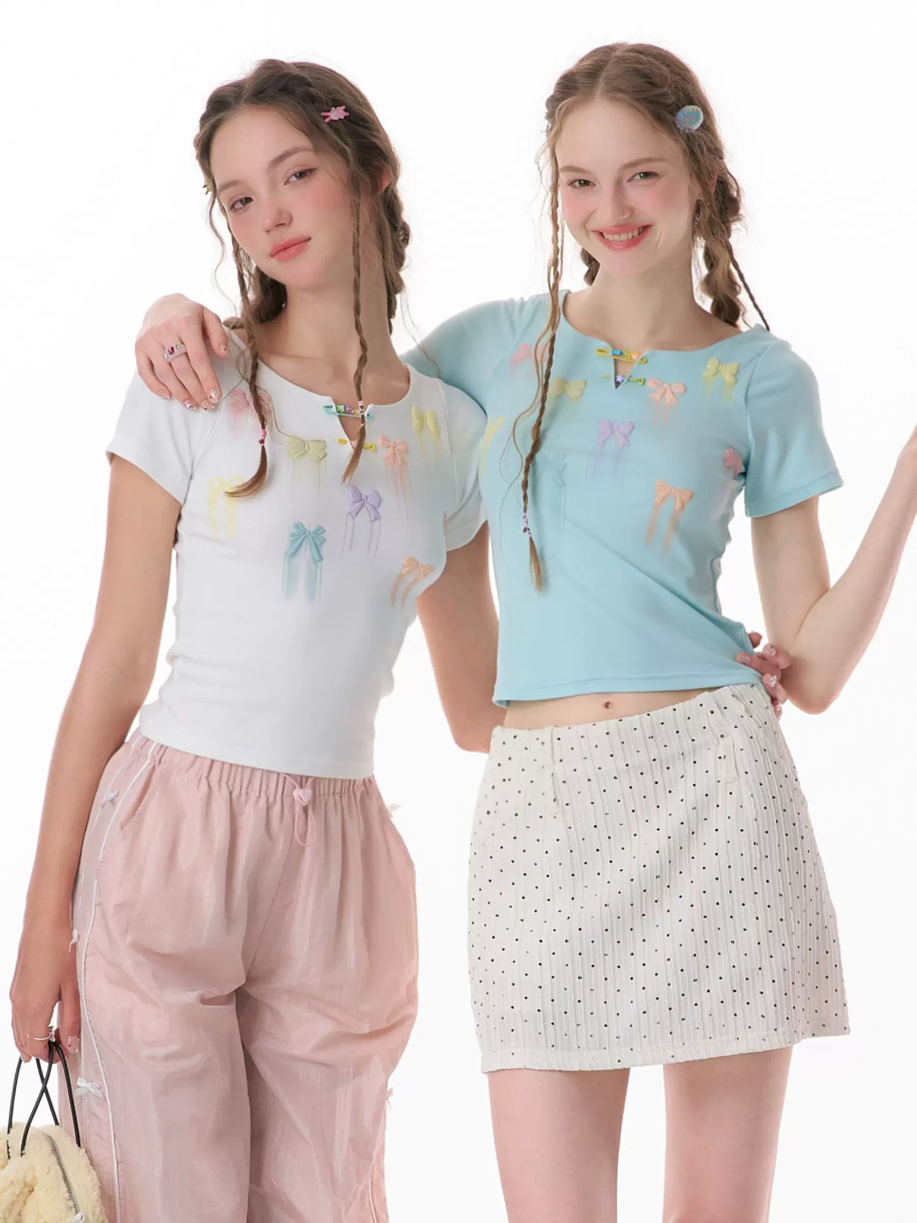 リボンプリント スリムフィット 半袖Tシャツ レディース