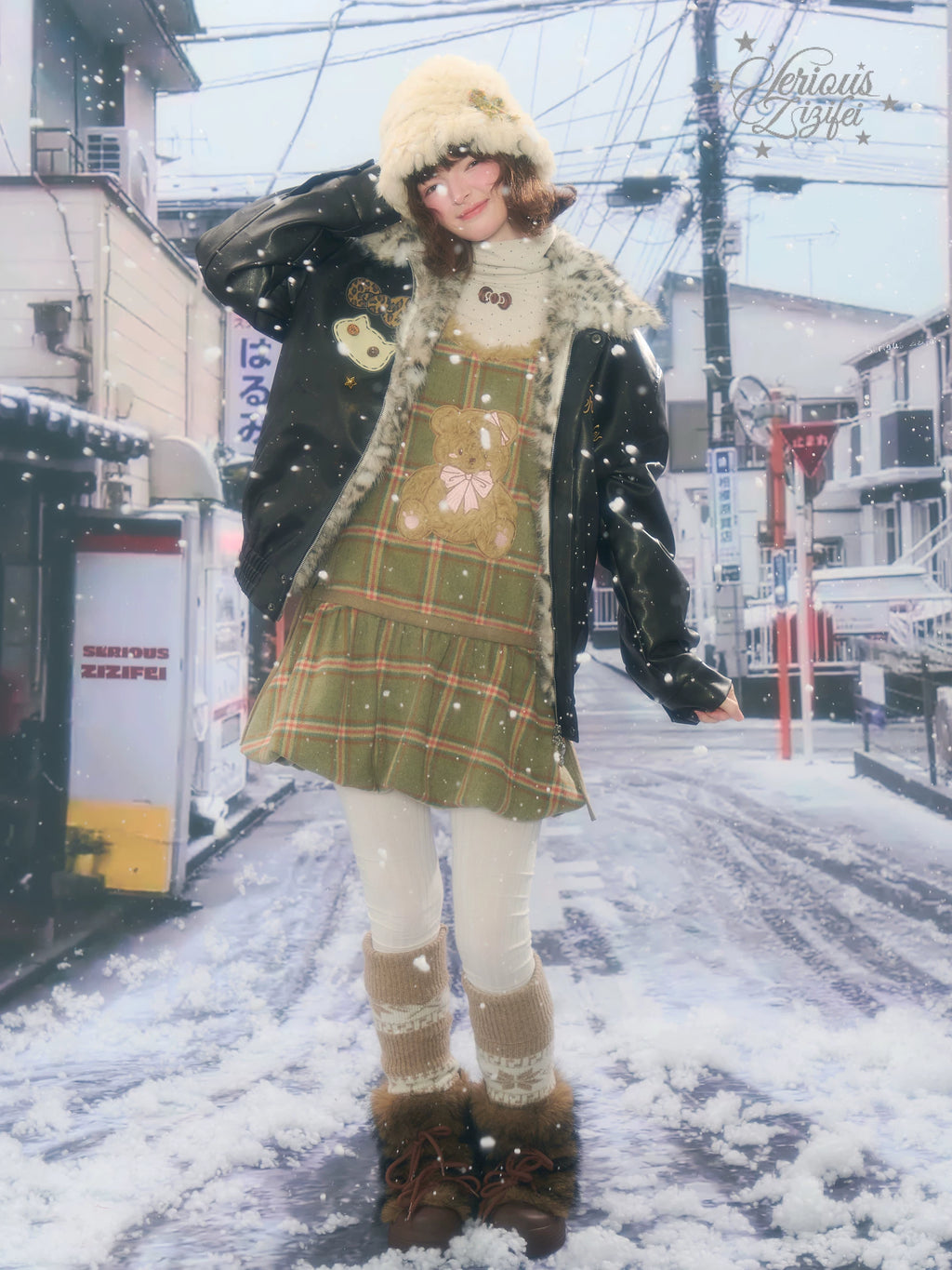 Cat Patch Fur Collar Faux Leather Jacket OL2456 oliviroa オリヴィオラ