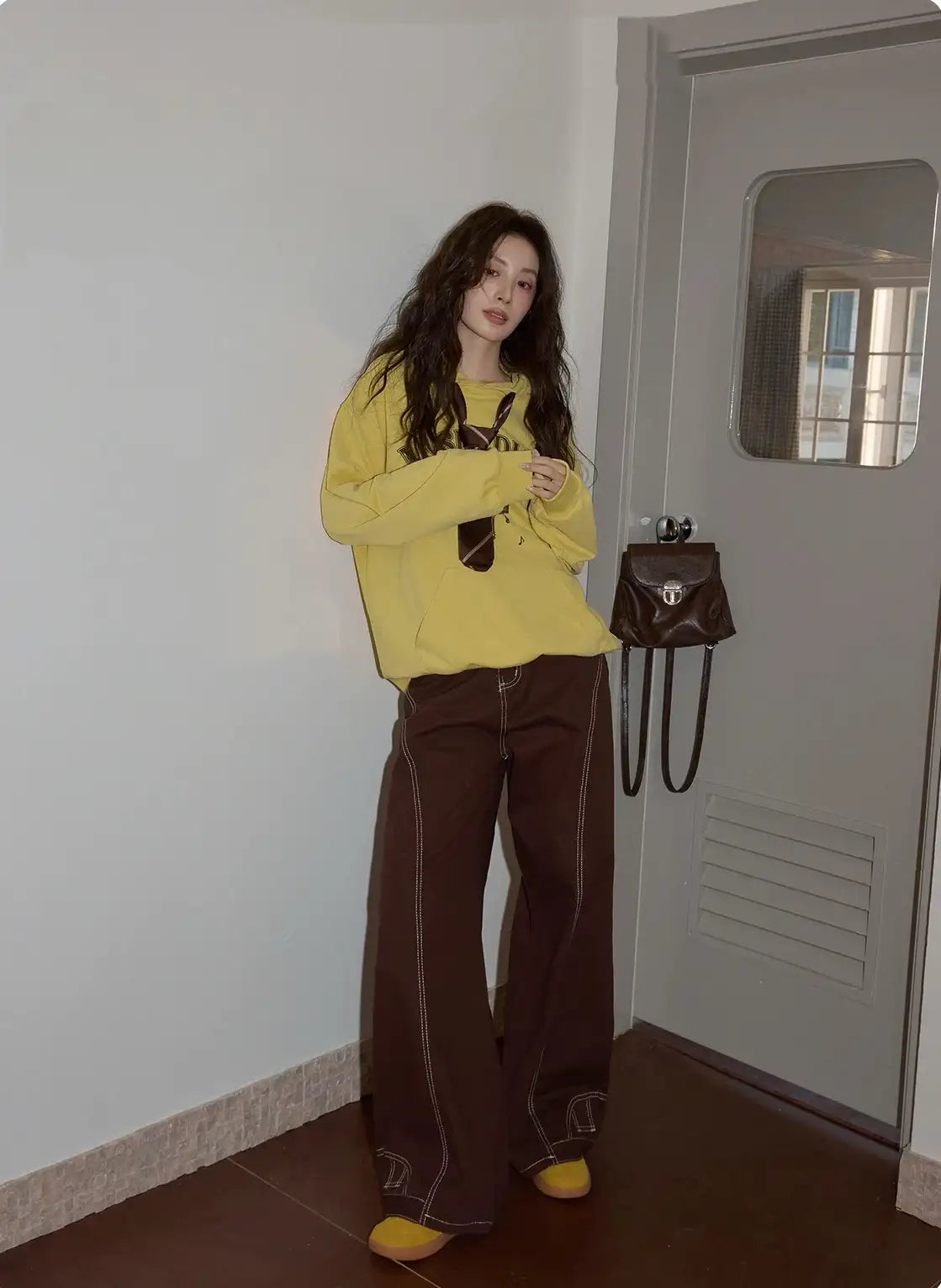 リボン付きフードスウェットトップス