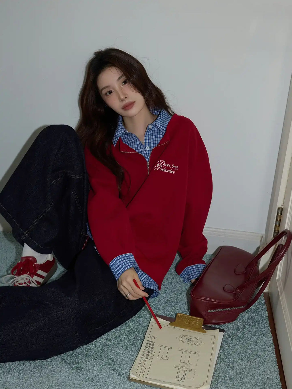 チェック×ポロ襟スウェット レッド