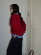 チェック×ポロ襟スウェット レッド