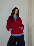 チェック×ポロ襟スウェット レッド