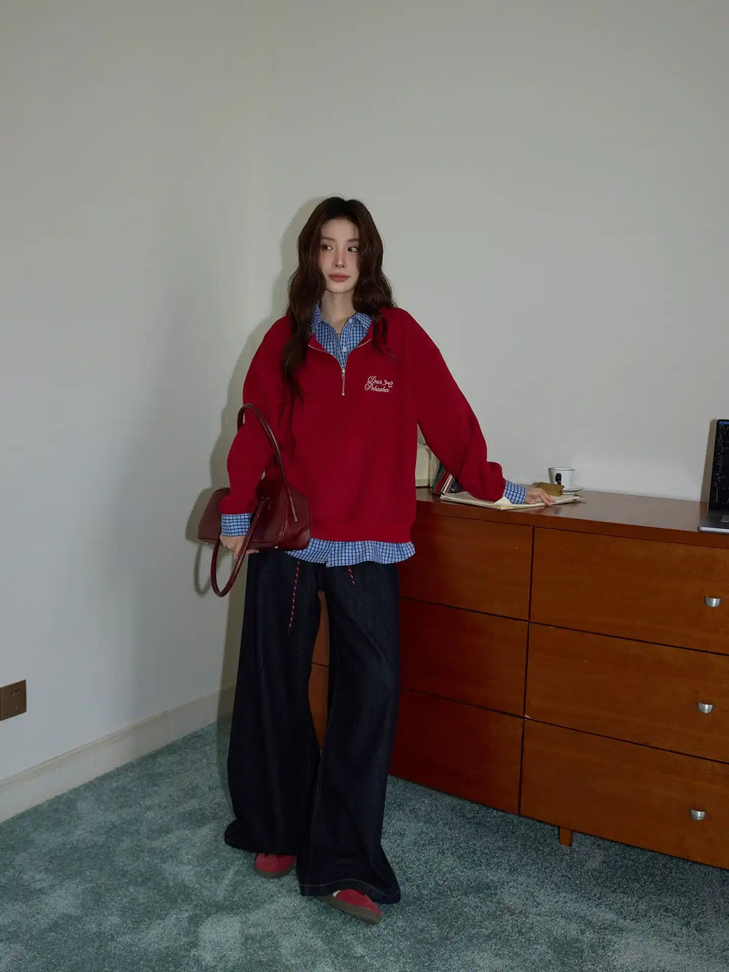 チェック×ポロ襟スウェット レッド