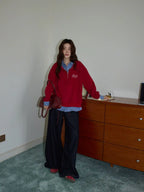 チェック×ポロ襟スウェット レッド