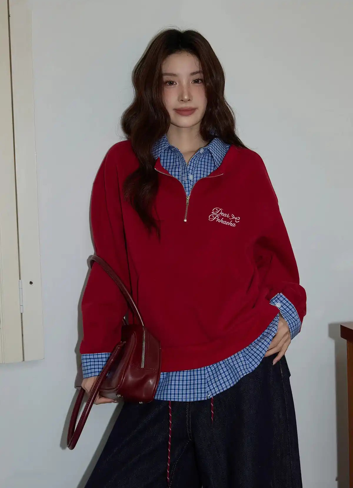 チェック×ポロ襟スウェット レッド