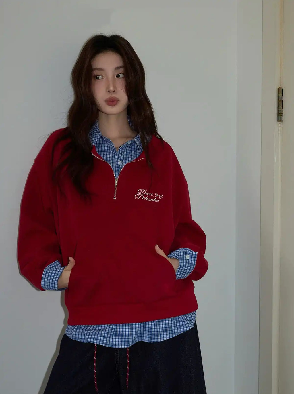 チェック×ポロ襟スウェット レッド
