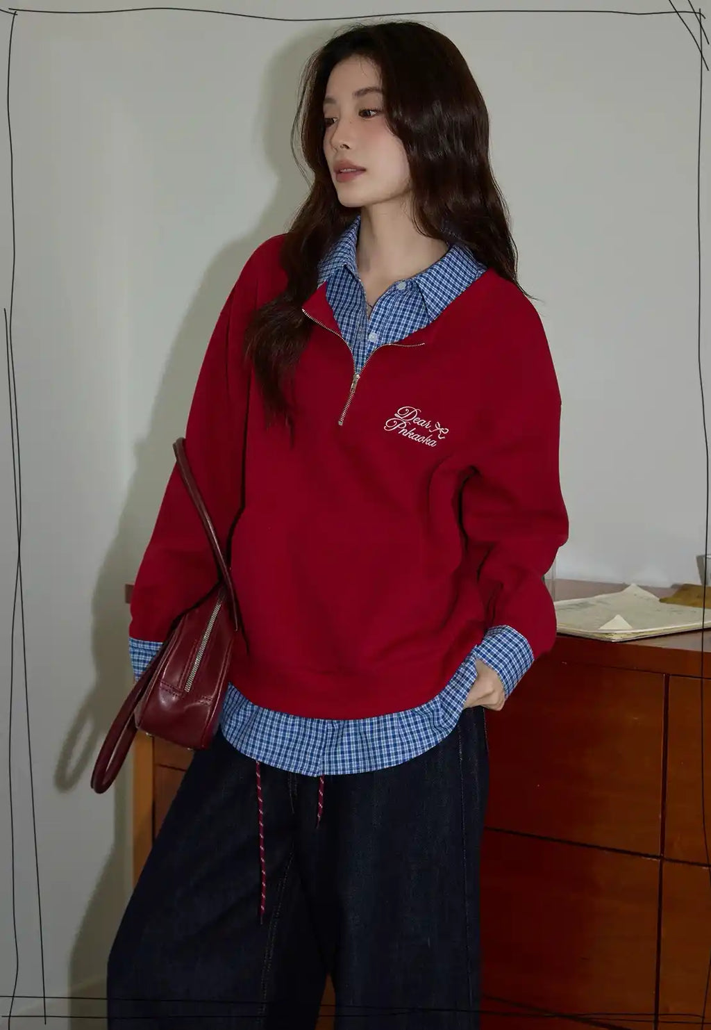 チェック×ポロ襟スウェット レッド