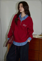 チェック×ポロ襟スウェット レッド