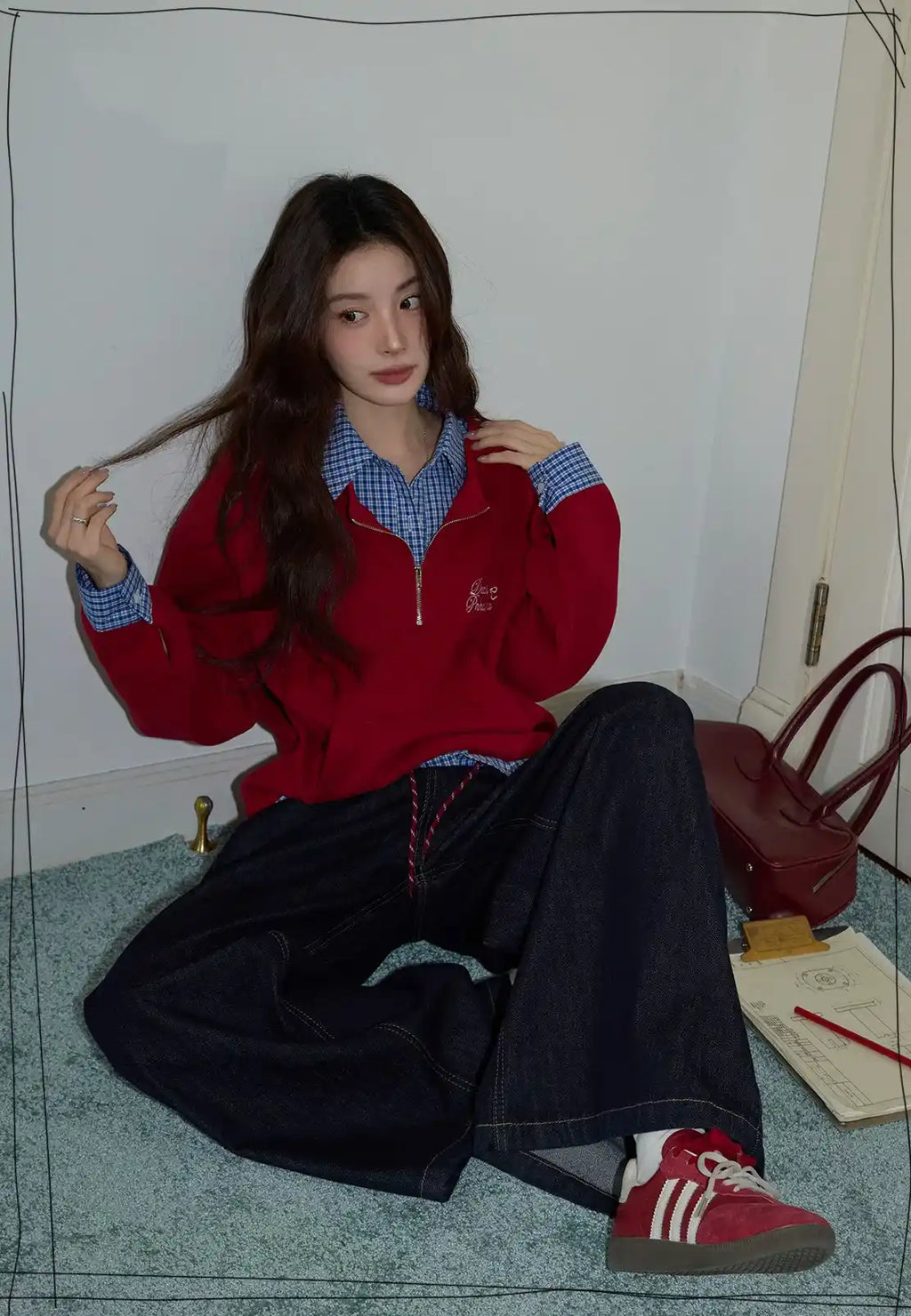 チェック×ポロ襟スウェット レッド