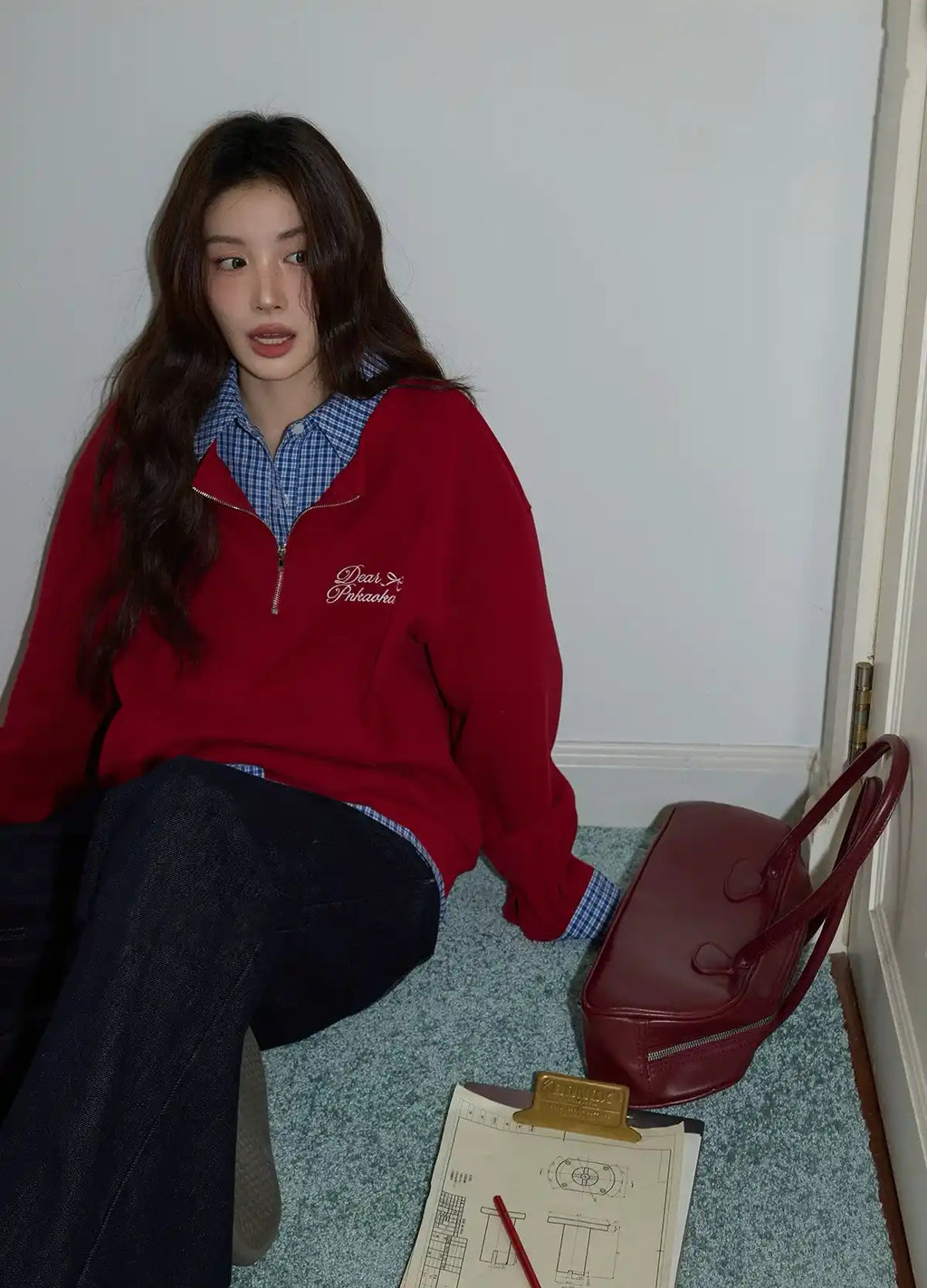 チェック×ポロ襟スウェット レッド