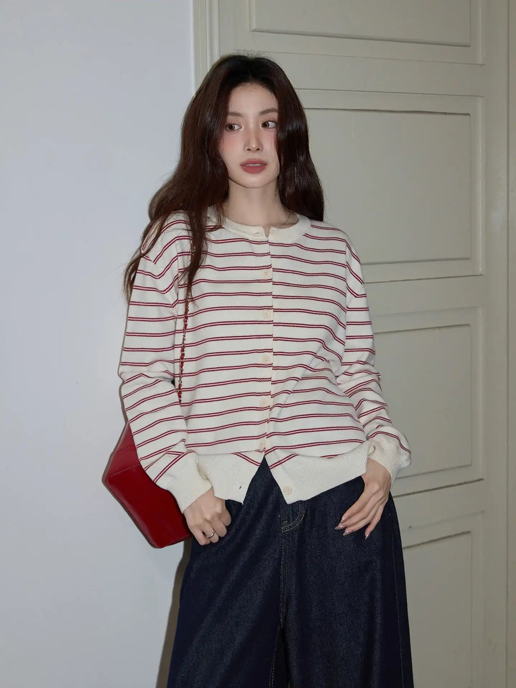 レッドボーダーニットカーディガン   OL1880