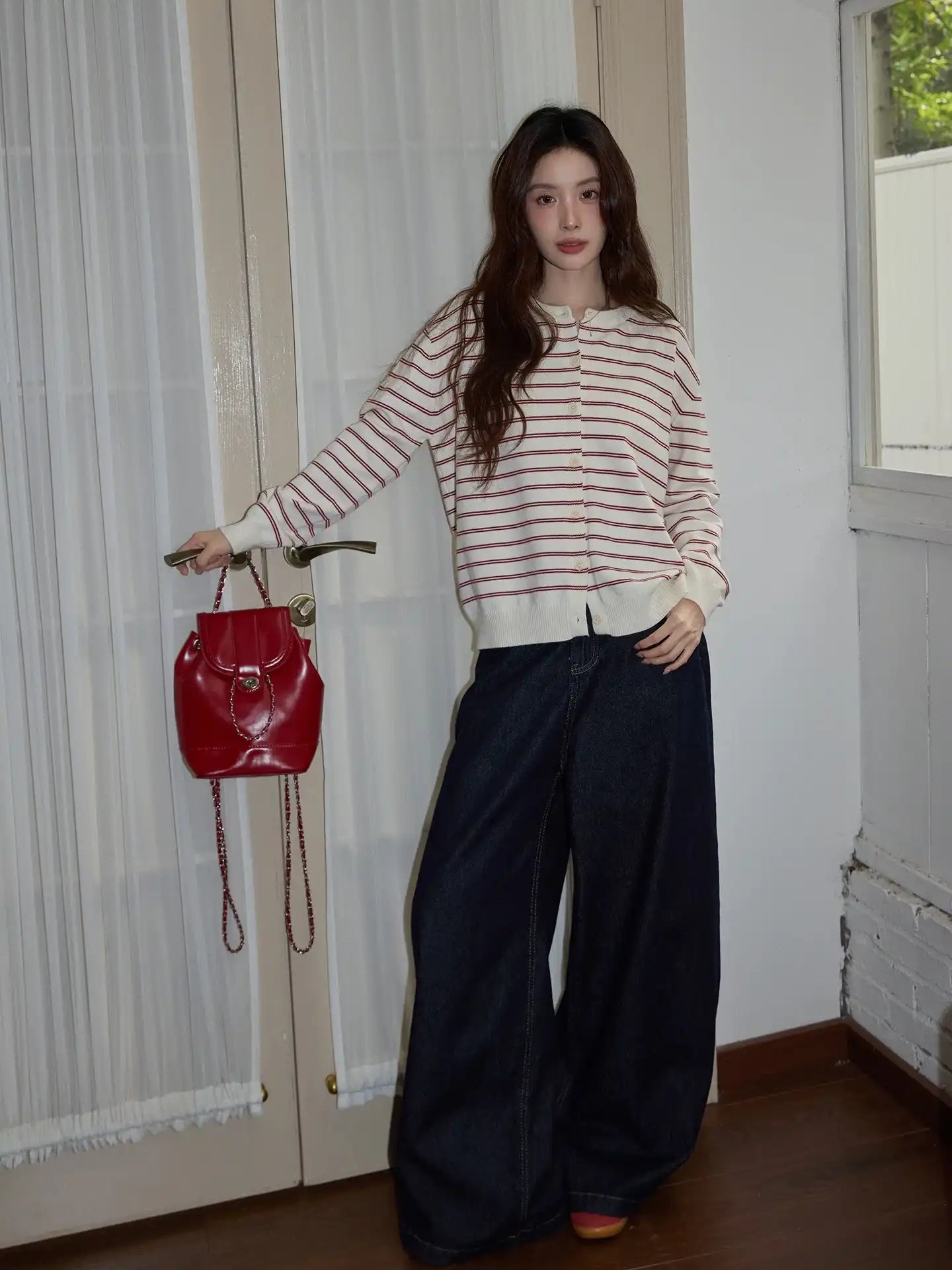 レッドボーダーニットカーディガン   OL1880